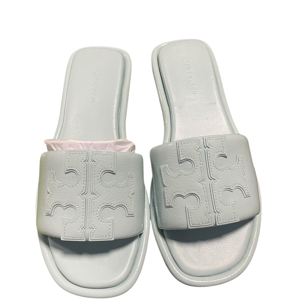 Tory Burch Women's size 5.5 double T sport slide patent leather sea bubble 404